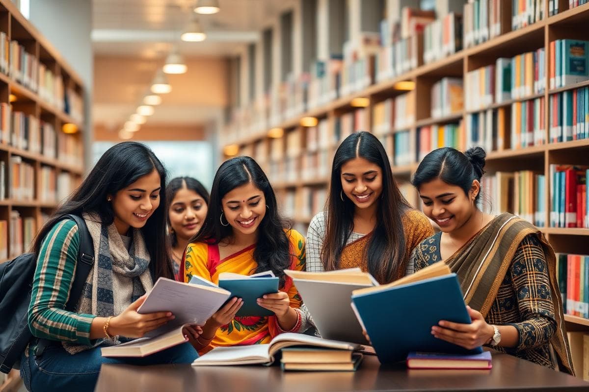 Indian college students researching and planning their higher education journey with laptops and books