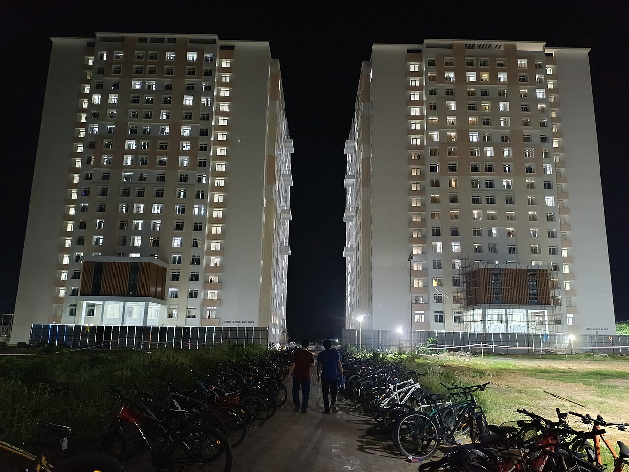 Men's hostel blocks S and T at night — Vellore Institute of Technology, Vellore